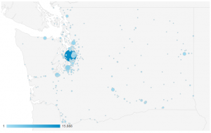 Map showing clusters of HEALWA usage in WA state.