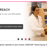 Pharmacist and patient holding a box of Narcan