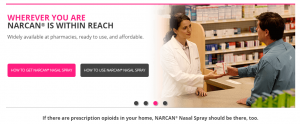 Image of pharmacist and patient holding a box of Narcan