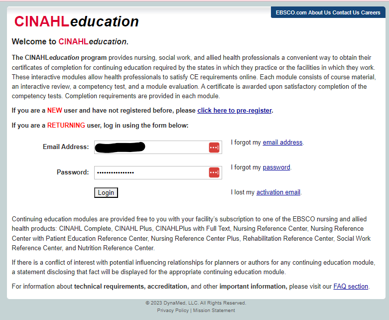 Image of CINAHLeducation login page.