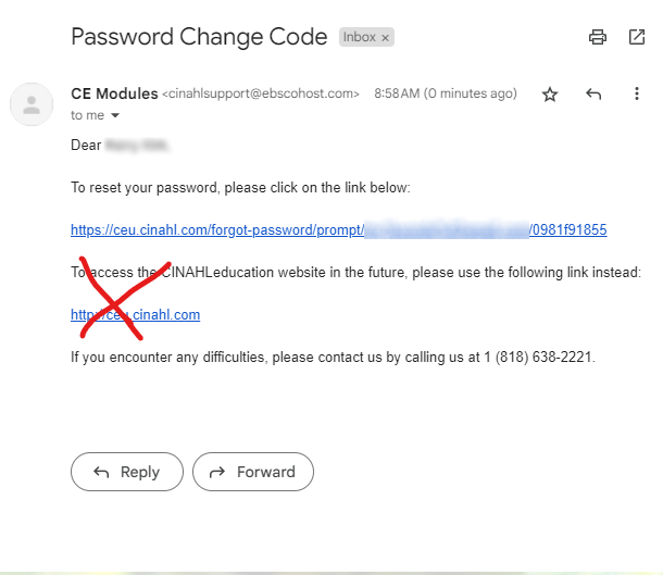 Image of password change email from CE Modules. Second link directing users to use the address ceu.cinahl.com is crossed out.