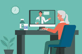 inforgraphic person at computer with clinician on screen