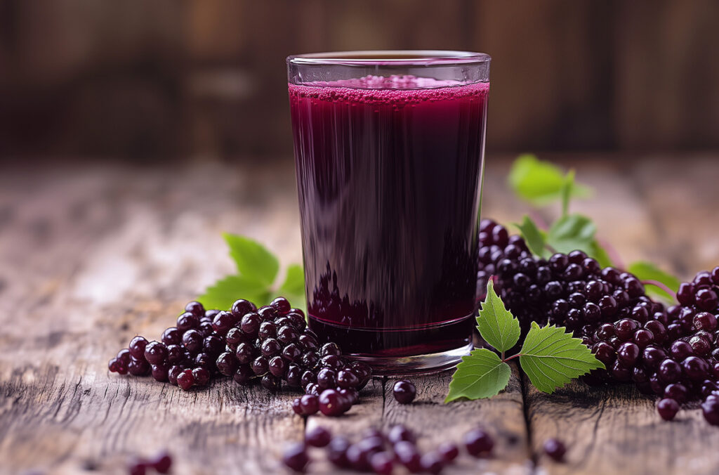 Glass of juice with elderberries beside it