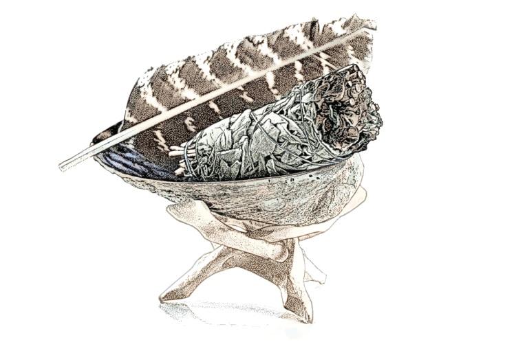 Bowl with smudge stick and feathers.