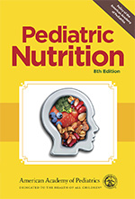 Book cover image of Pediatric Nutrition. An outline of a human head from the side filled with food.
